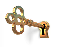 Golden key in a lock
